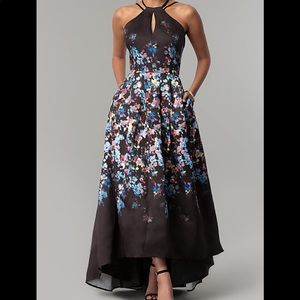 Morgan &Co. hi lo mikado floral dress prom size 5 black with flowers